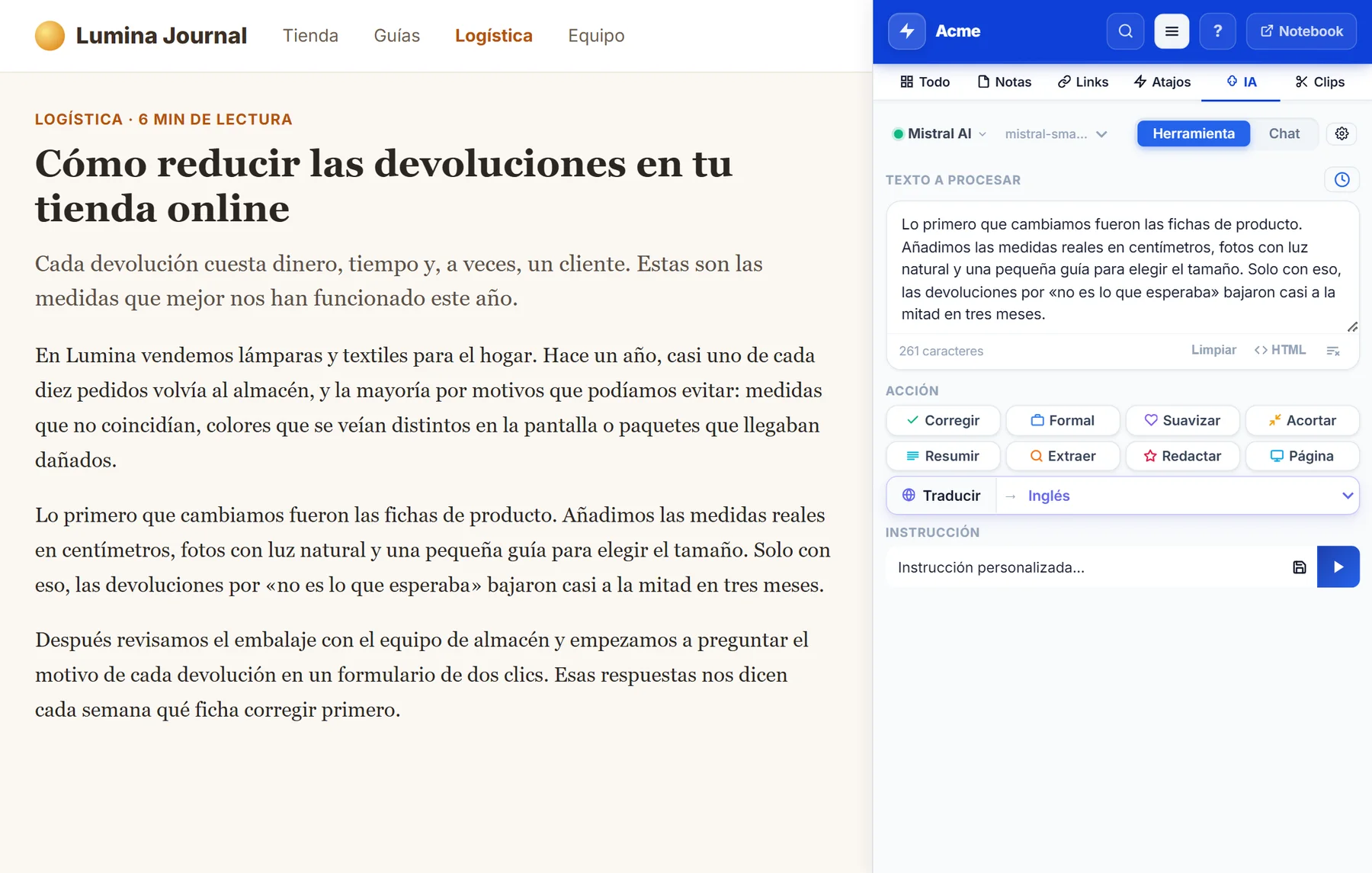 Panel lateral de NexoPad con la pestaña IA en modo Herramienta junto a un artículo