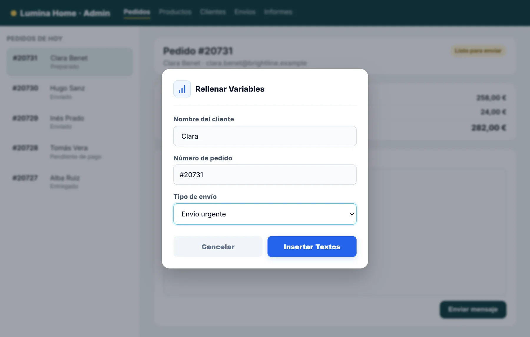 Cuadro de variables de NexoPad con nombre, número de pedido y tipo de envío en un panel de pedidos ficticio