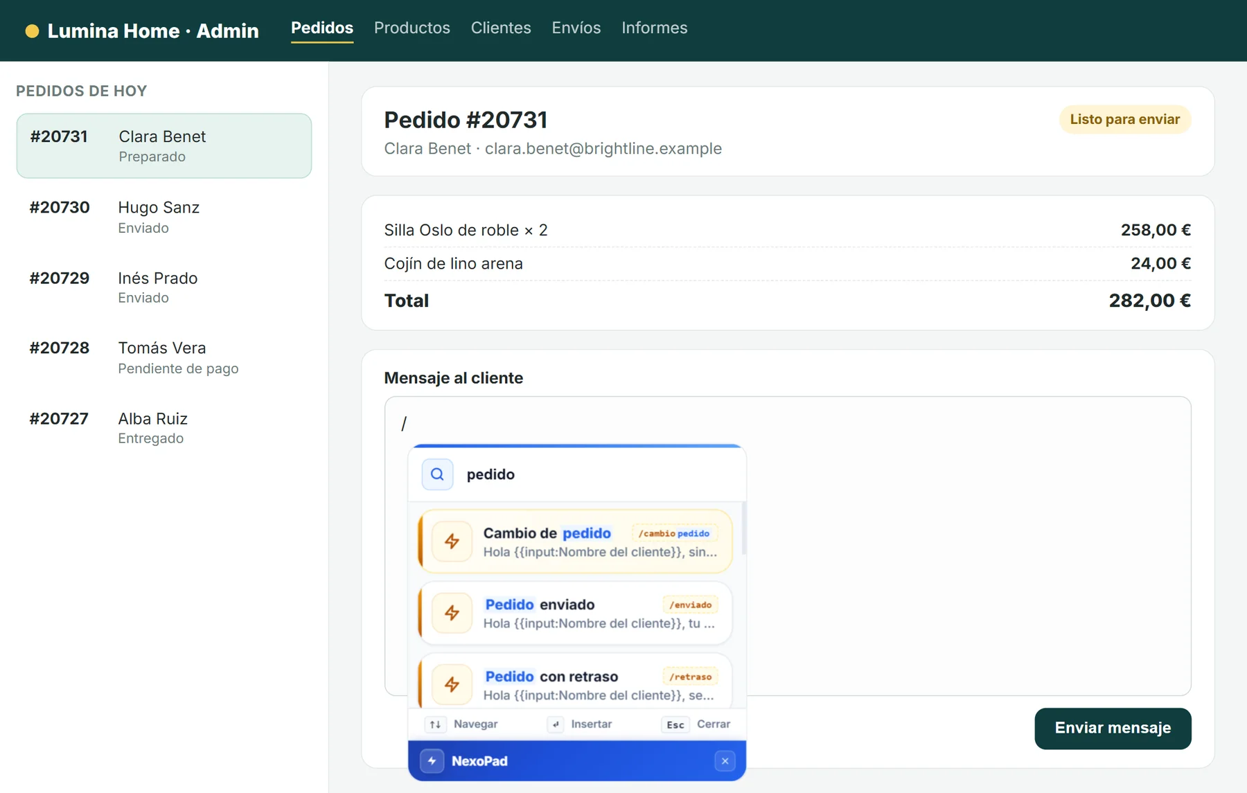 Buscador // de NexoPad mostrando plantillas de pedidos dentro de un panel de pedidos ficticio