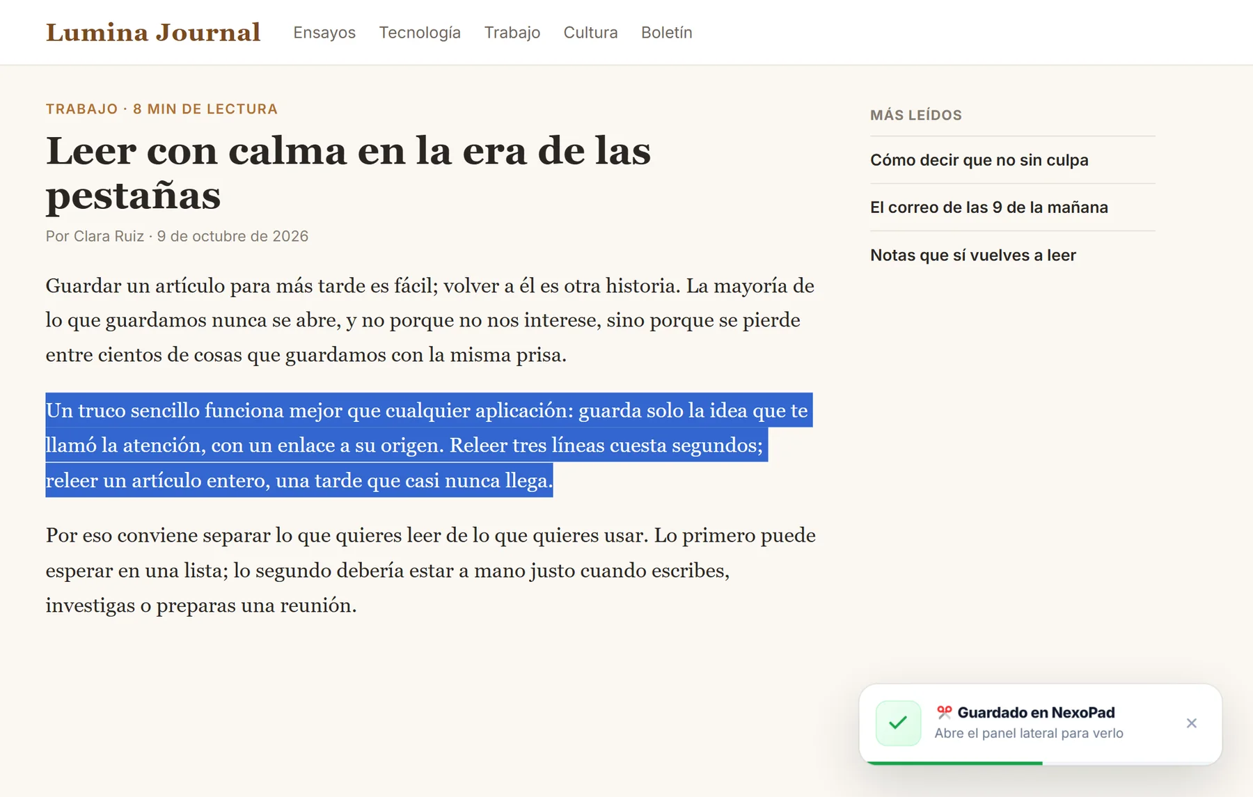 Párrafo seleccionado en un artículo de una revista de ejemplo y aviso de NexoPad confirmando el recorte