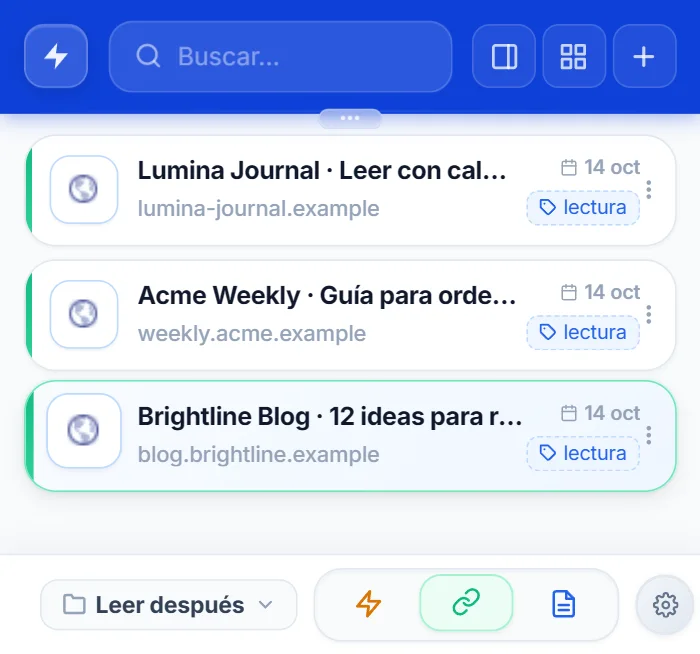 Popup de NexoPad con la categoría Leer después y tres artículos guardados