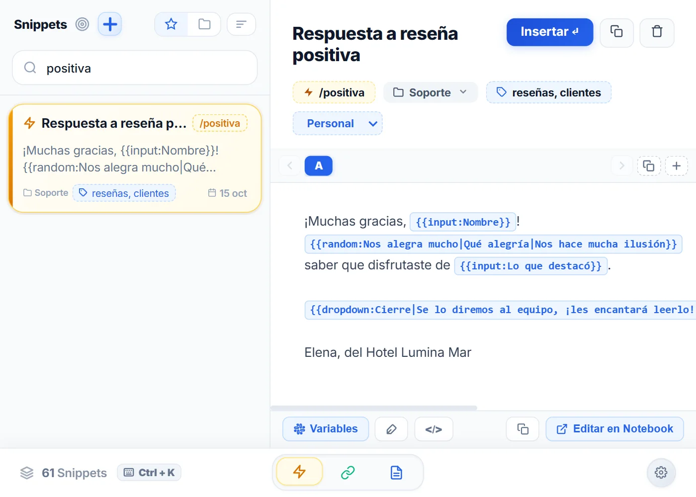Vista de snippets de NexoPad con la respuesta a reseña positiva y sus variables