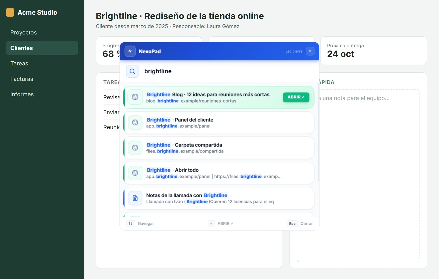 Buscador Ctrl+K de NexoPad mostrando los enlaces de un cliente sobre un panel de proyectos