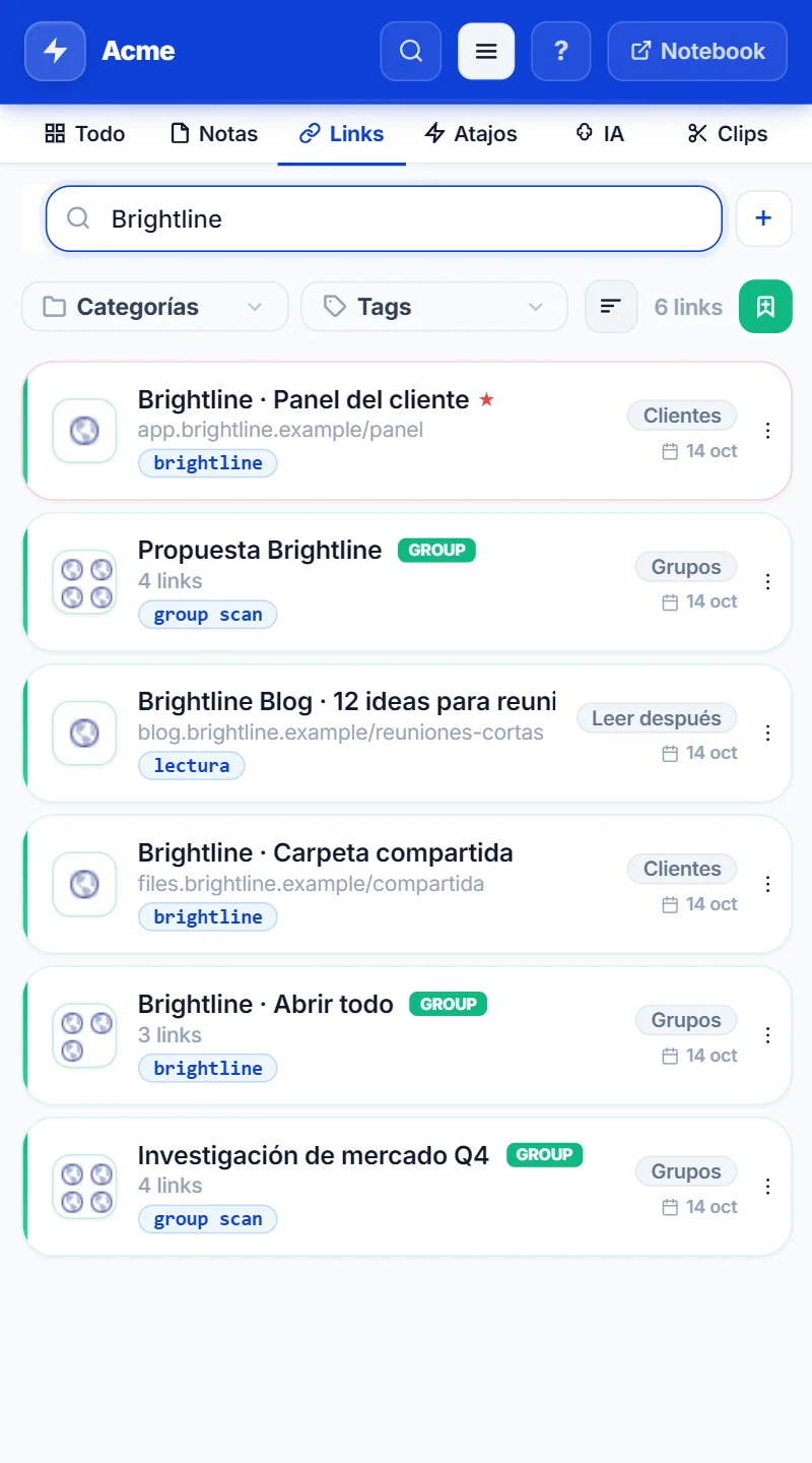 Pestaña Links del panel lateral de NexoPad filtrada por un cliente