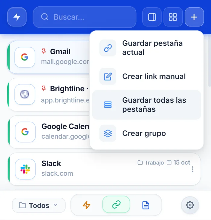 Menú + del popup de NexoPad con la opción Guardar todas las pestañas
