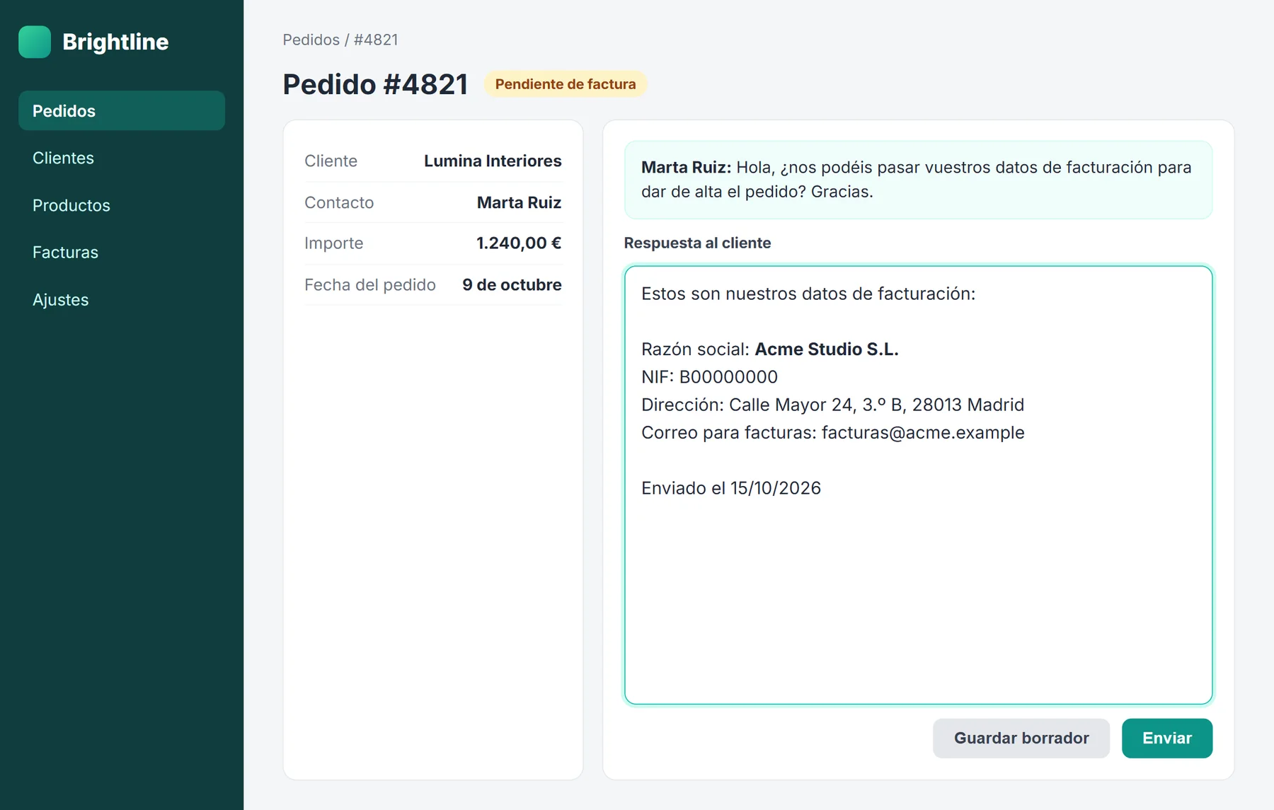 Datos de facturación insertados con el atajo /fact, con la fecha de hoy rellenada automáticamente