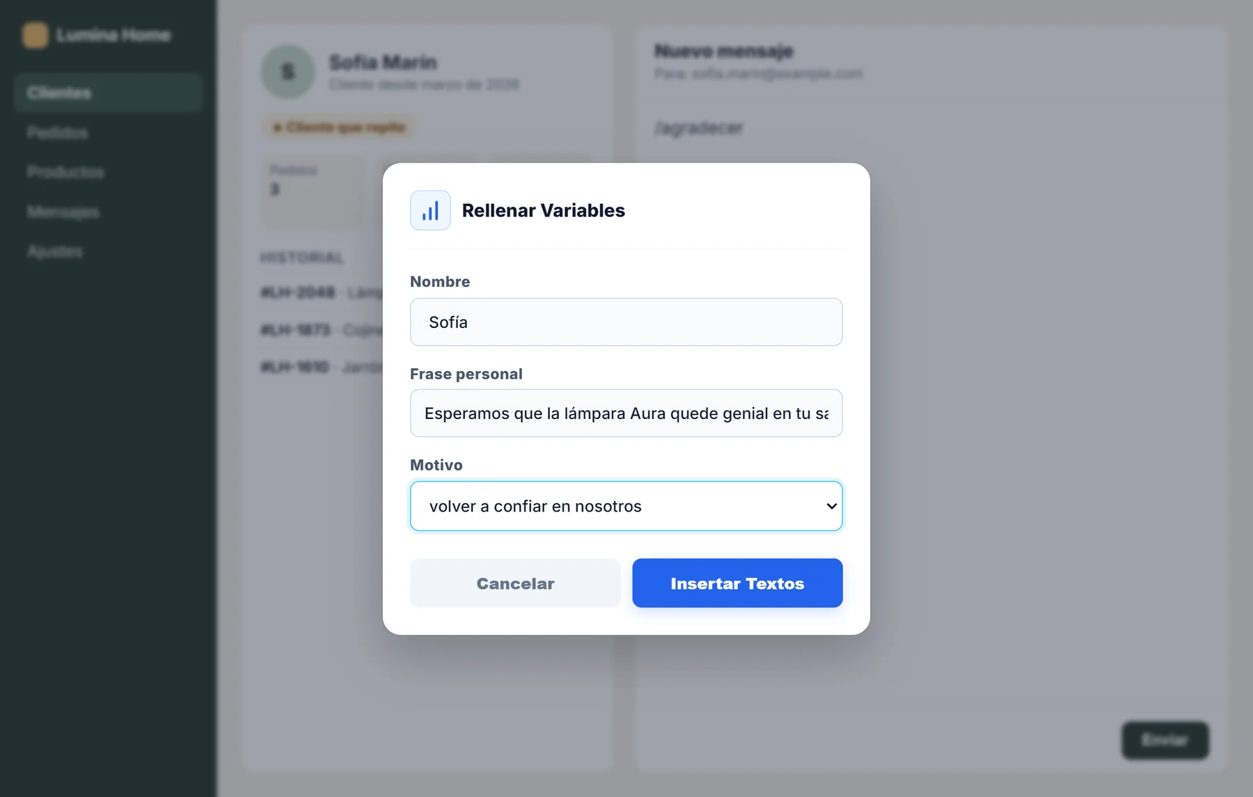 Cuadro de NexoPad para escribir el nombre del cliente, elegir el motivo del agradecimiento en una lista y añadir una frase personal