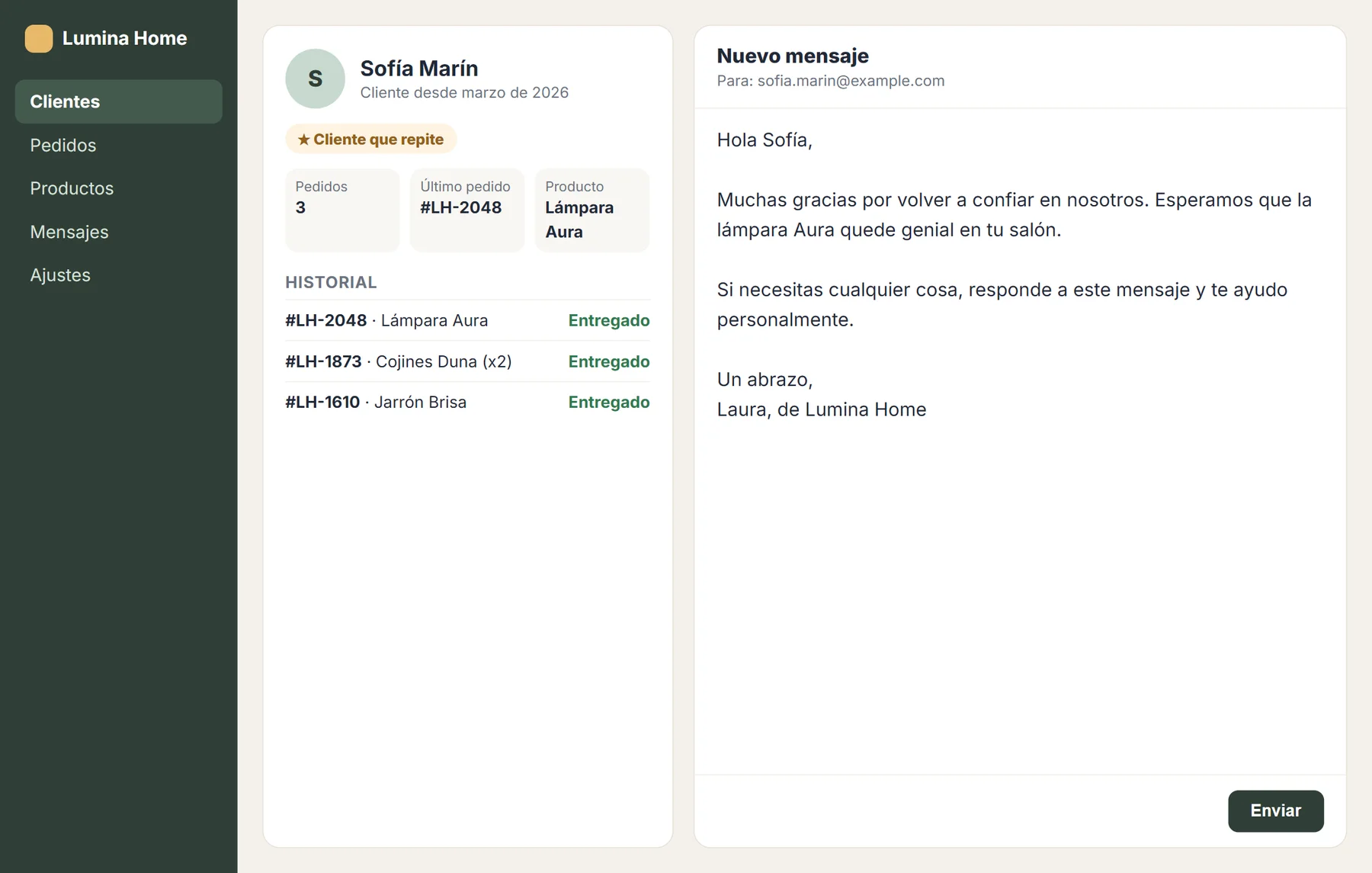 Mensaje de agradecimiento a un cliente escrito en la ficha de cliente de una tienda online de ejemplo