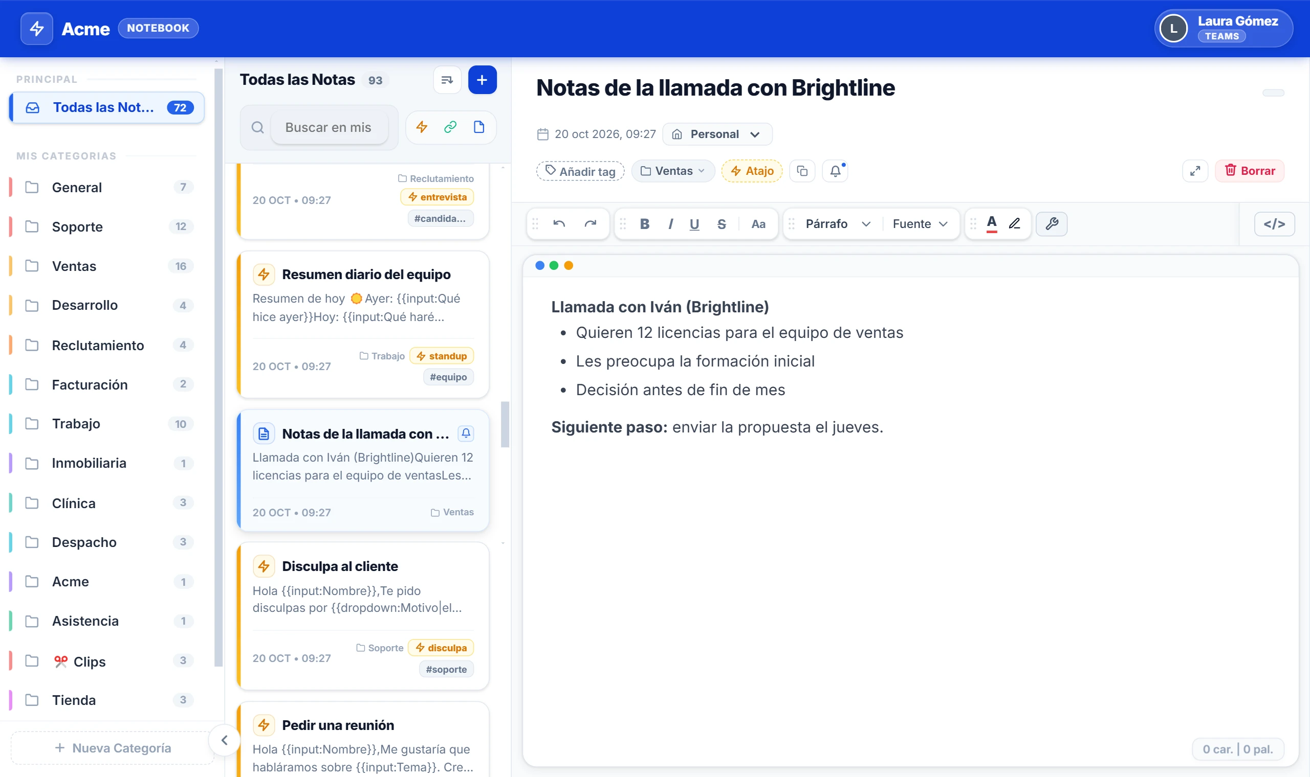 Notebook de NexoPad con la nota «Notas de la llamada con Brightline»: 12 licencias, dudas con la formación inicial, decisión antes de fin de mes y enviar la propuesta el jueves