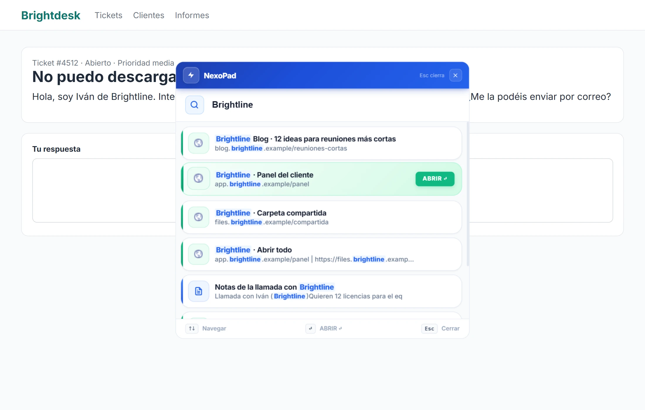 Página de un ticket en el programa de soporte Brightdesk con el buscador de NexoPad abierto, mostrando enlaces de Brightline y la nota de la llamada