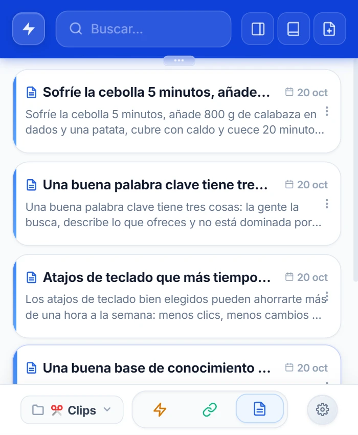 Popup de NexoPad con las notas filtradas por la carpeta ✂️ Clips y varios recortes guardados