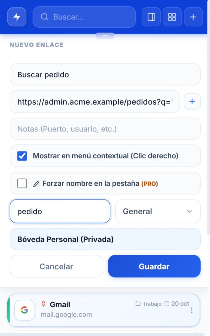 Formulario de enlace de NexoPad con el nombre Buscar pedido, una dirección con %s, la opción de clic derecho marcada y el tag pedido