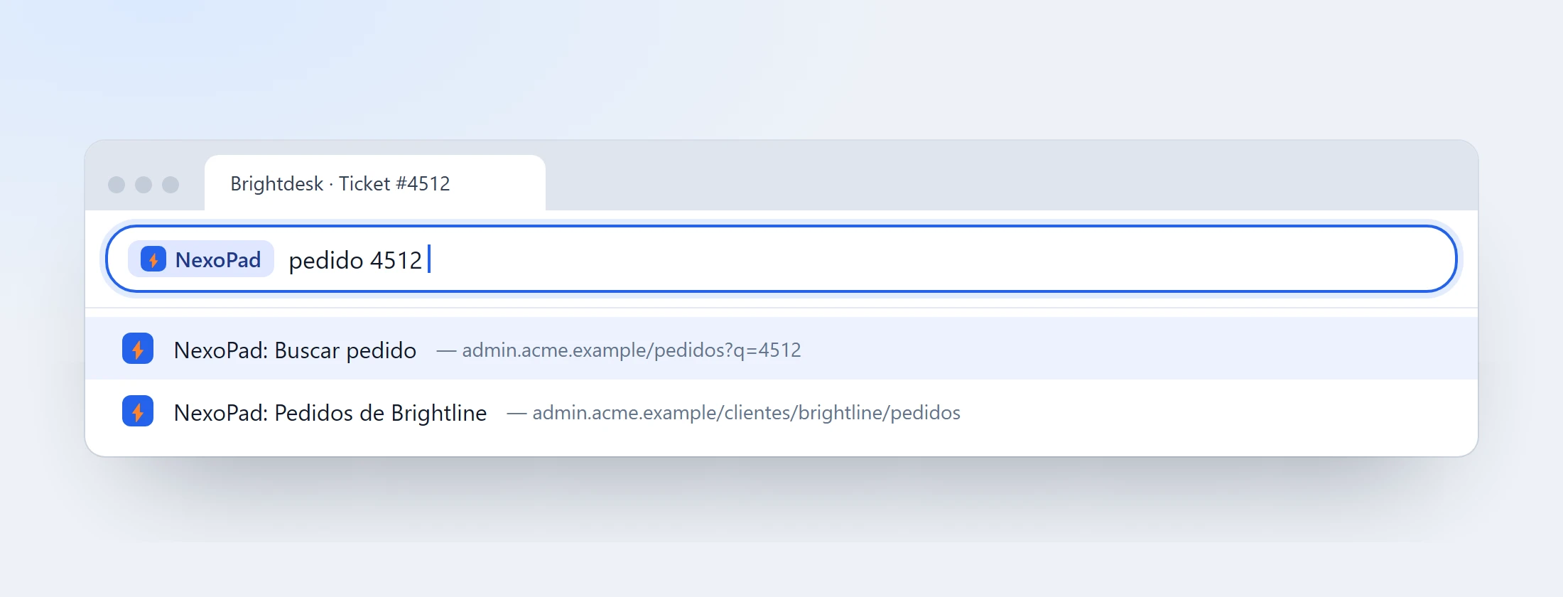 Barra de direcciones de Chrome con el texto sys pedido 4512 y las sugerencias de NexoPad debajo