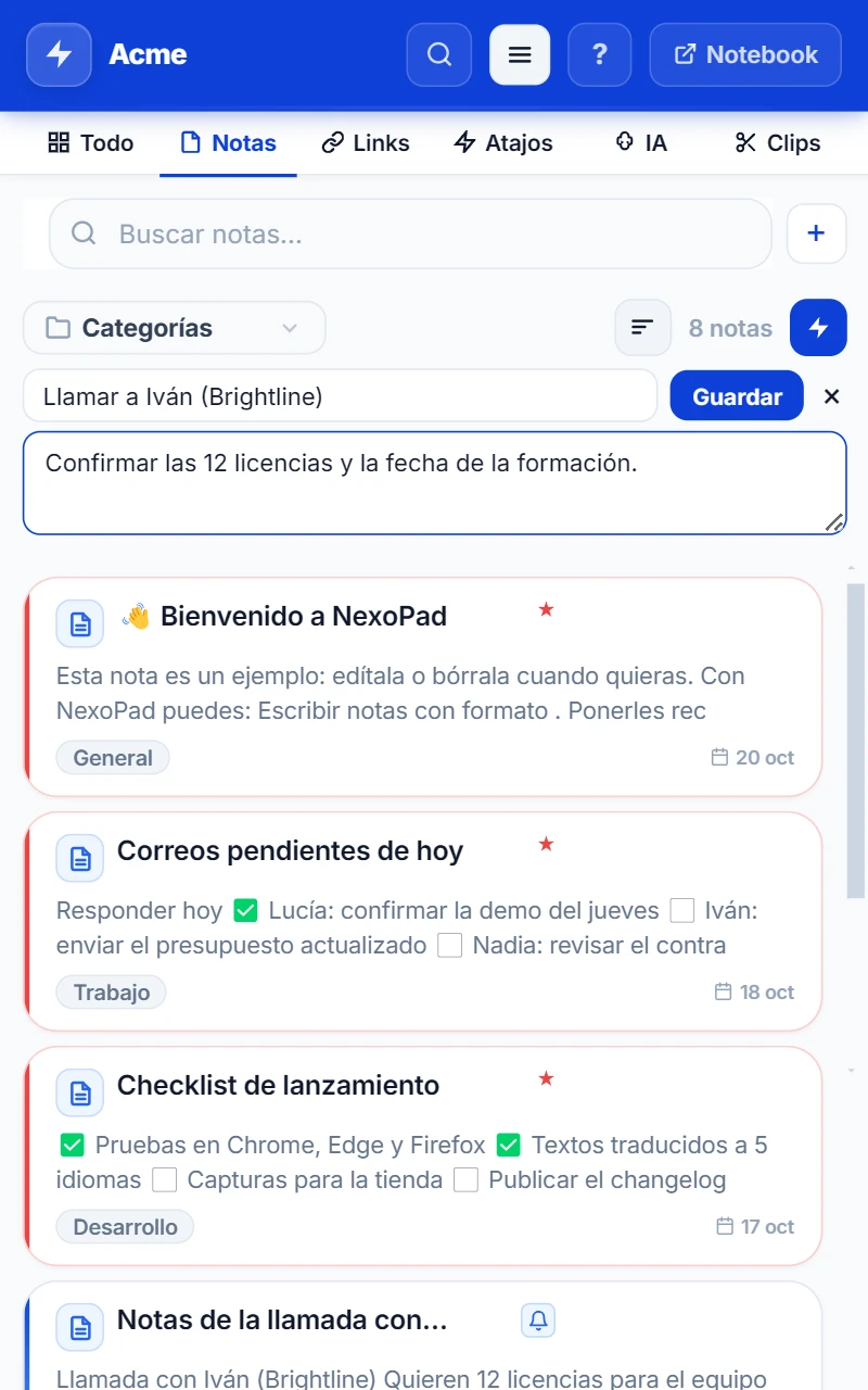 Panel lateral de NexoPad con la nota rápida abierta: título y texto a medio escribir