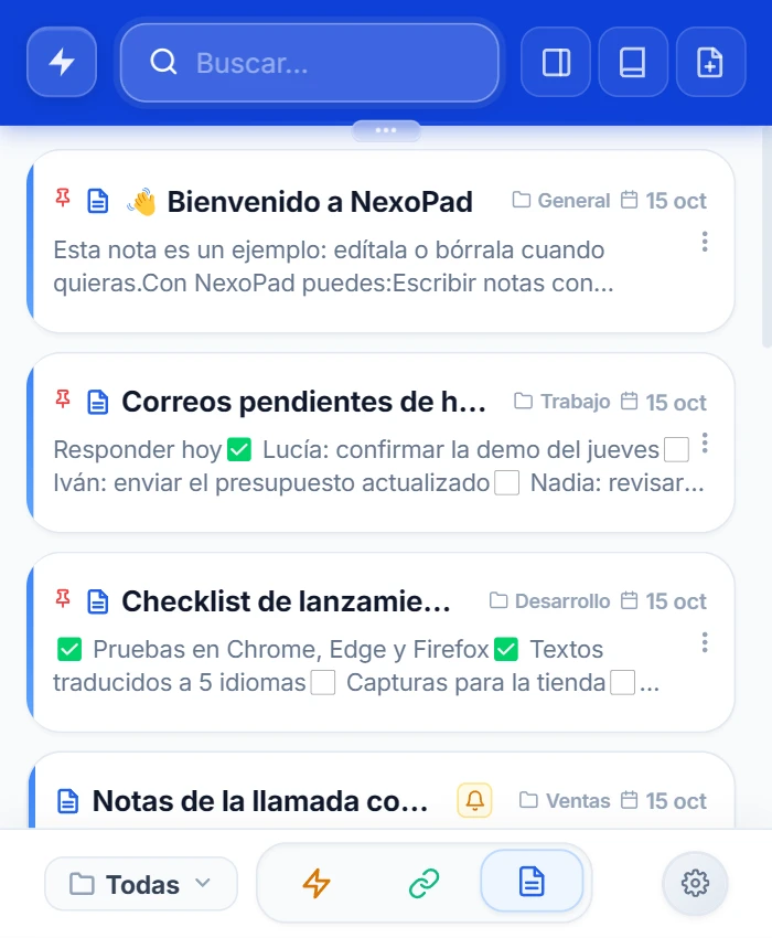 Popup de NexoPad en modo notas con varias notas, una de ellas con recordatorio