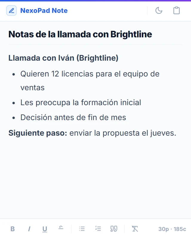 Nota de una llamada abierta como Post-it flotante, con una lista de puntos