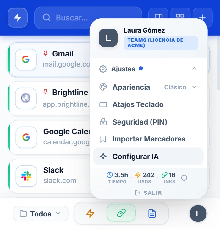 Menú de la cuenta de NexoPad abierto con la opción Importar Marcadores