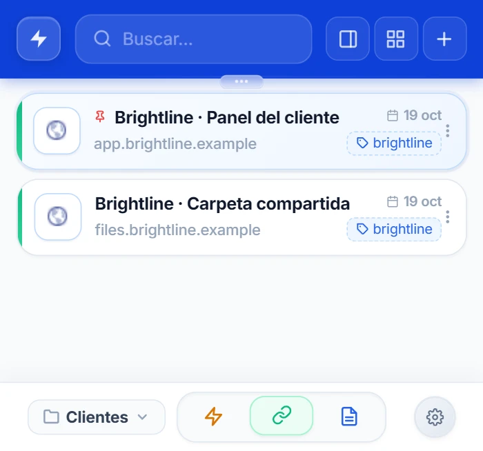 Popup de NexoPad con la lista de enlaces filtrada por la carpeta Clientes, con dos enlaces de Brightline