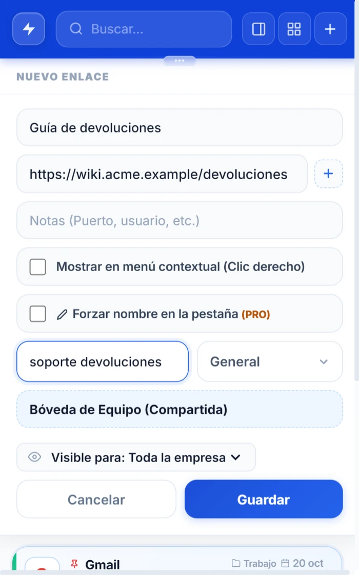 Formulario de enlace de NexoPad con la Bóveda de Equipo (Compartida) elegida y Visible para: Toda la empresa