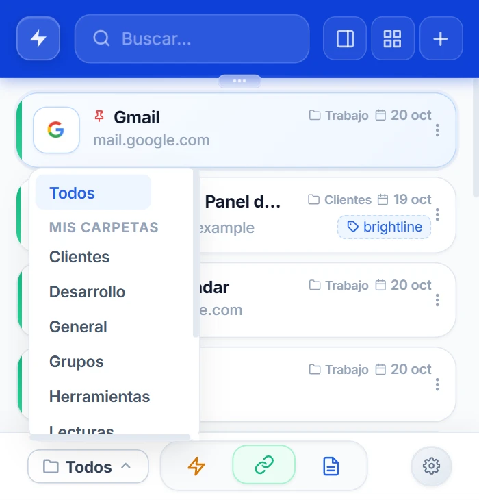Popup de NexoPad con la lista de carpetas abierta: Todos y Mis carpetas con Clientes, Desarrollo, General, Grupos y Herramientas