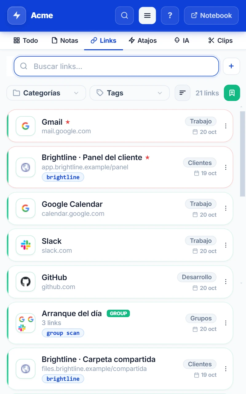 Pestaña Enlaces del panel lateral de NexoPad con buscador, filtros de Categorías y Tags, enlaces con carpetas como Trabajo y Clientes y un grupo «Arranque del día» con 3 enlaces