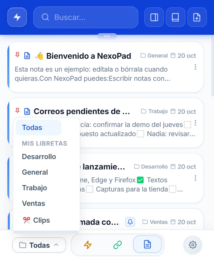 Popup de NexoPad en modo notas con la lista de carpetas abierta: Todas, Mis libretas: Desarrollo, General, Trabajo, Ventas y Clips