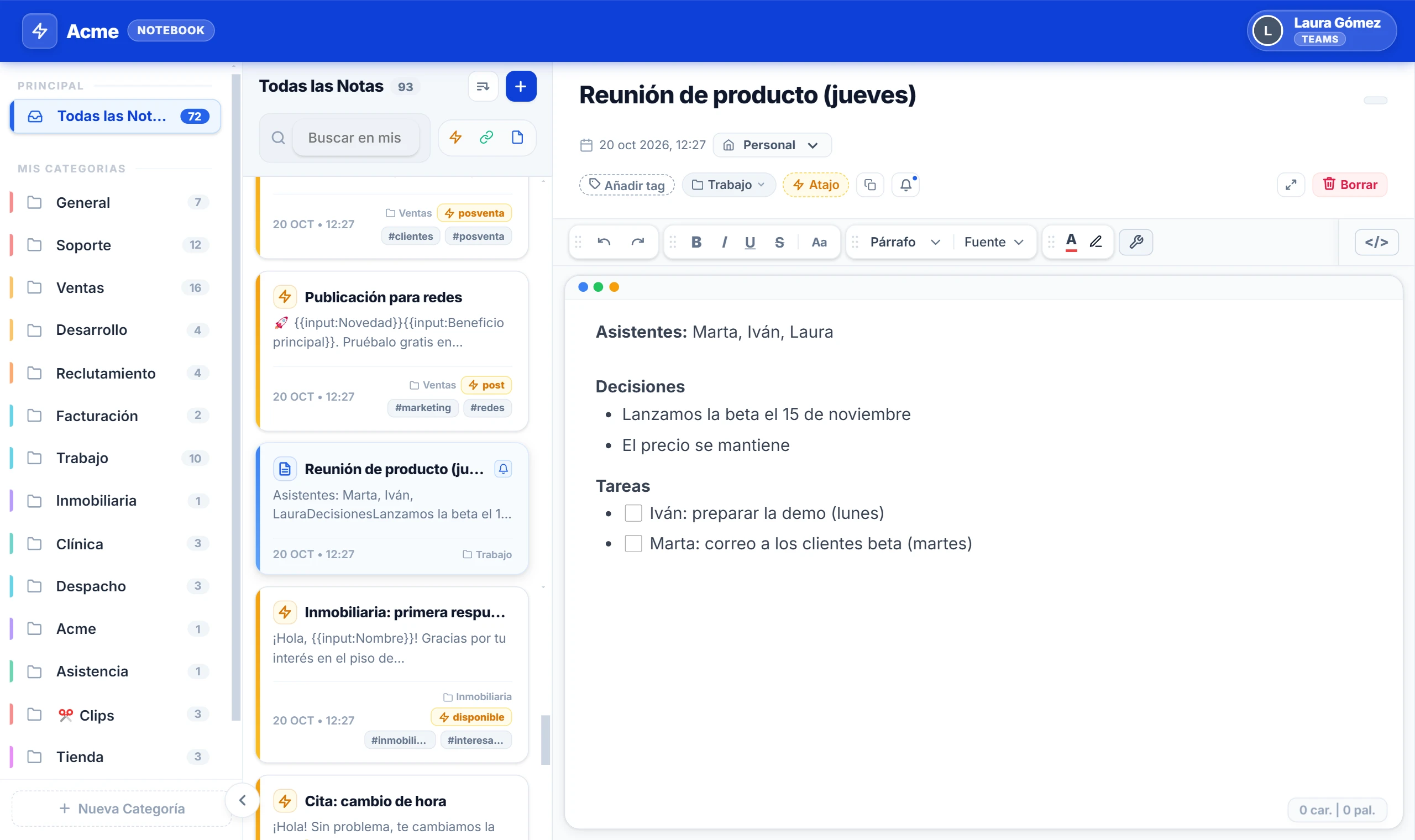 Notebook de NexoPad con las carpetas a la izquierda, la lista de notas y abierta la nota «Reunión de producto (jueves)» con asistentes y puntos