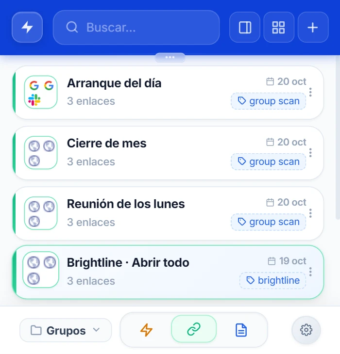 Popup de NexoPad filtrado por la carpeta Grupos con Arranque del día, Cierre de mes, Reunión de los lunes y Brightline · Abrir todo, cada uno con 3 enlaces