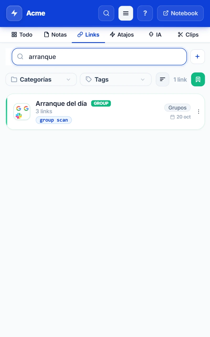 Panel lateral de NexoPad en Enlaces buscando arranque, con el grupo Arranque del día y sus 3 enlaces