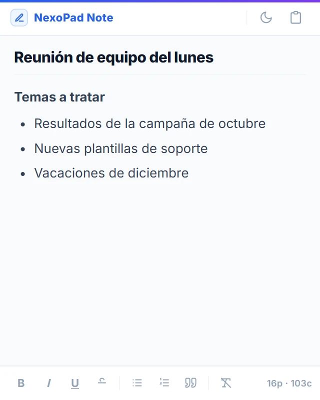 Nota «Reunión de equipo del lunes» abierta como Post-it flotante, con una lista de temas