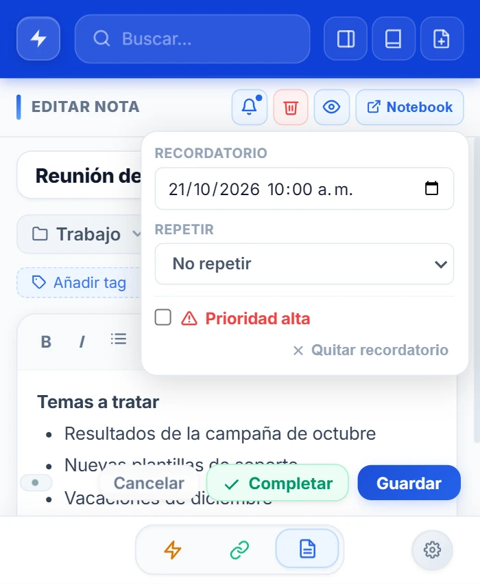Editor de notas del popup con el recordatorio abierto: 21/10/2026 a las 10:00, Repetir «No repetir» y la casilla Prioridad alta