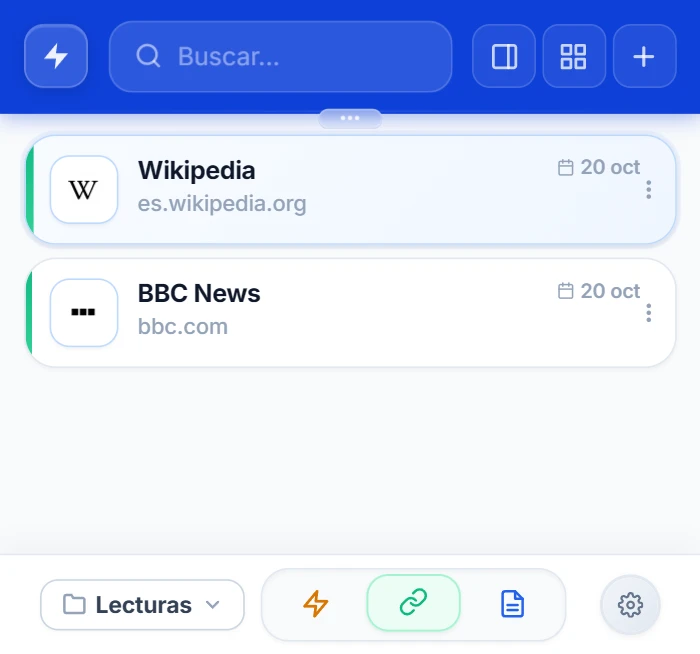 Popup de NexoPad con los enlaces filtrados por la carpeta Lecturas: Wikipedia y BBC News