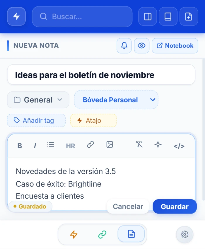 Popup de NexoPad con una nota nueva titulada «Ideas para el boletín de noviembre» y tres líneas de texto