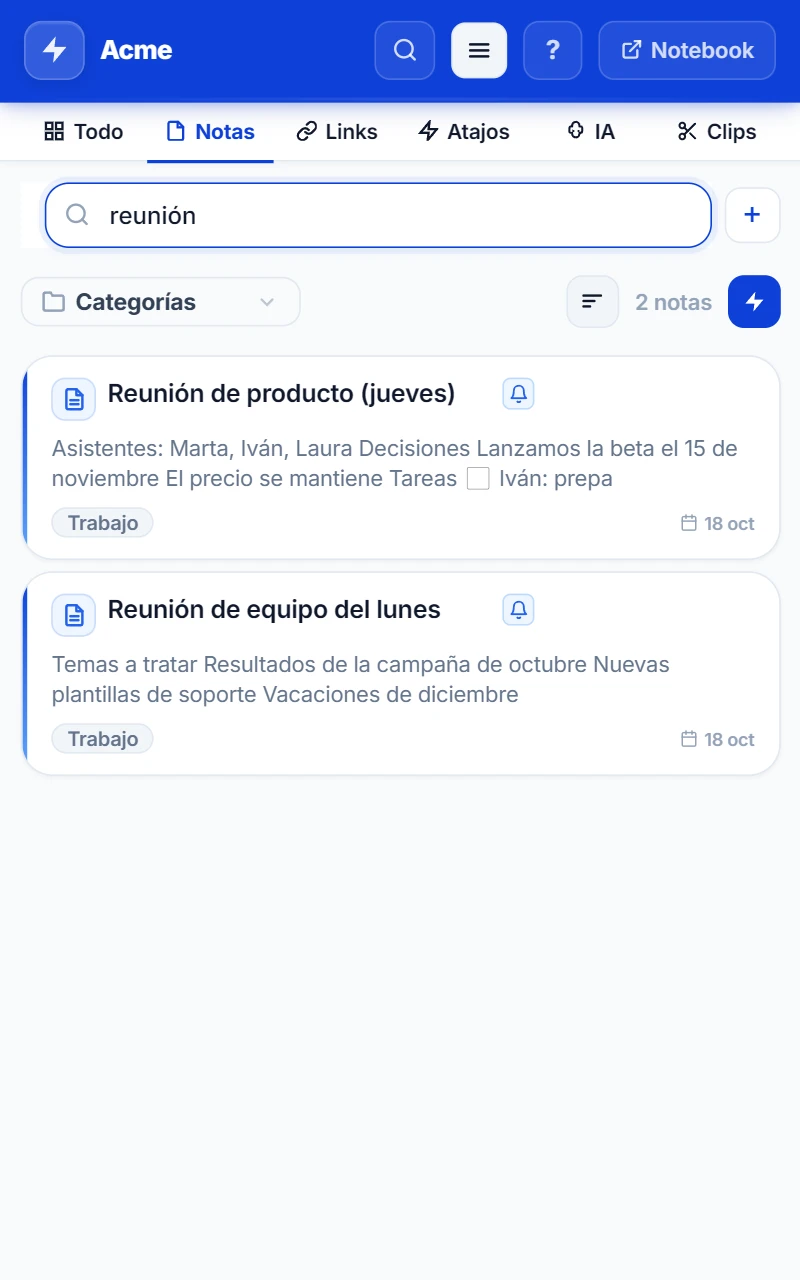 Panel lateral de NexoPad en la pestaña Notas buscando «reunión», con dos notas de reuniones como resultado