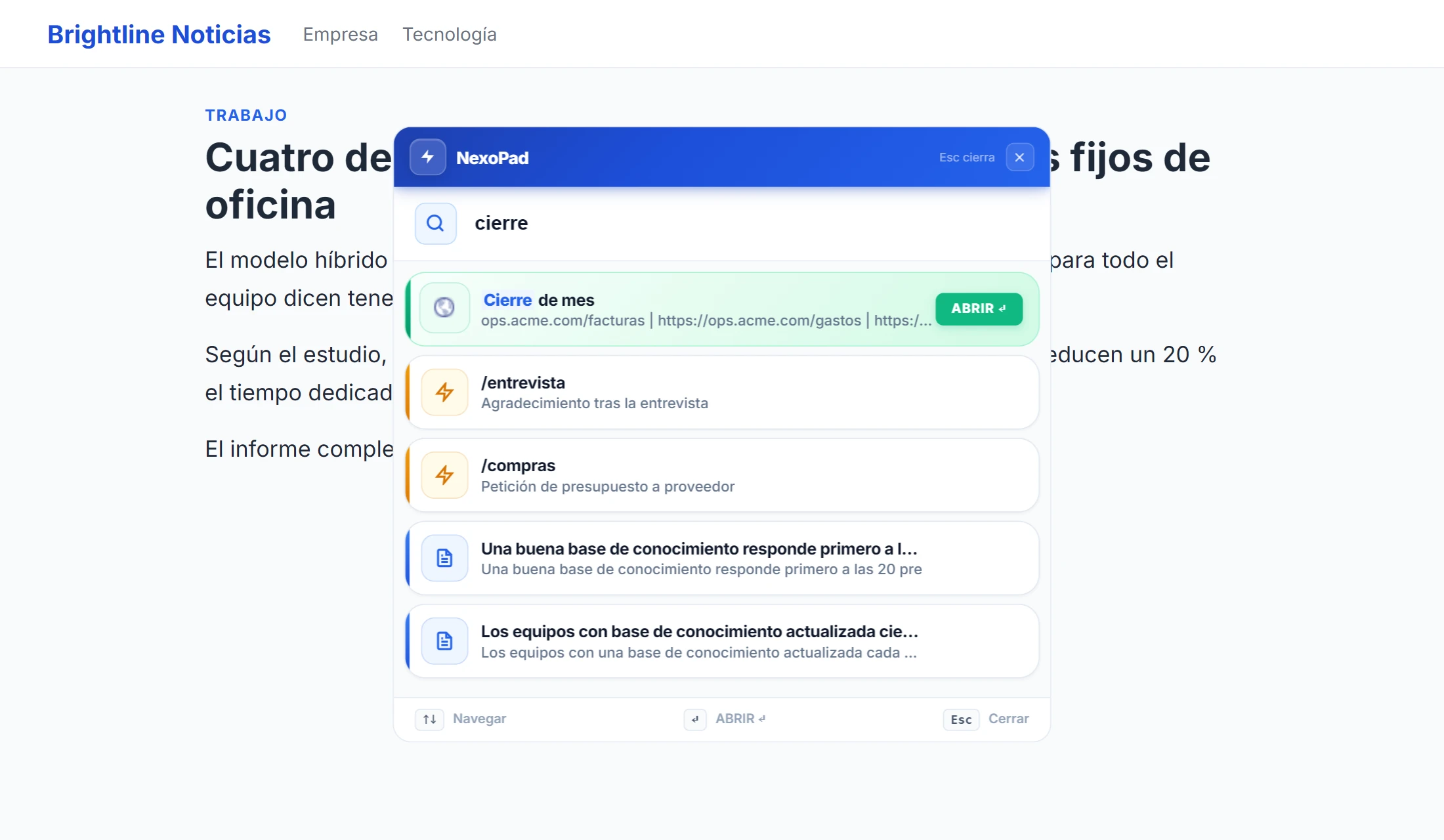Página de noticias con el buscador Ctrl+K de NexoPad abierto encima, mostrando el grupo guardado «Cierre de mes» al escribir «cierre»