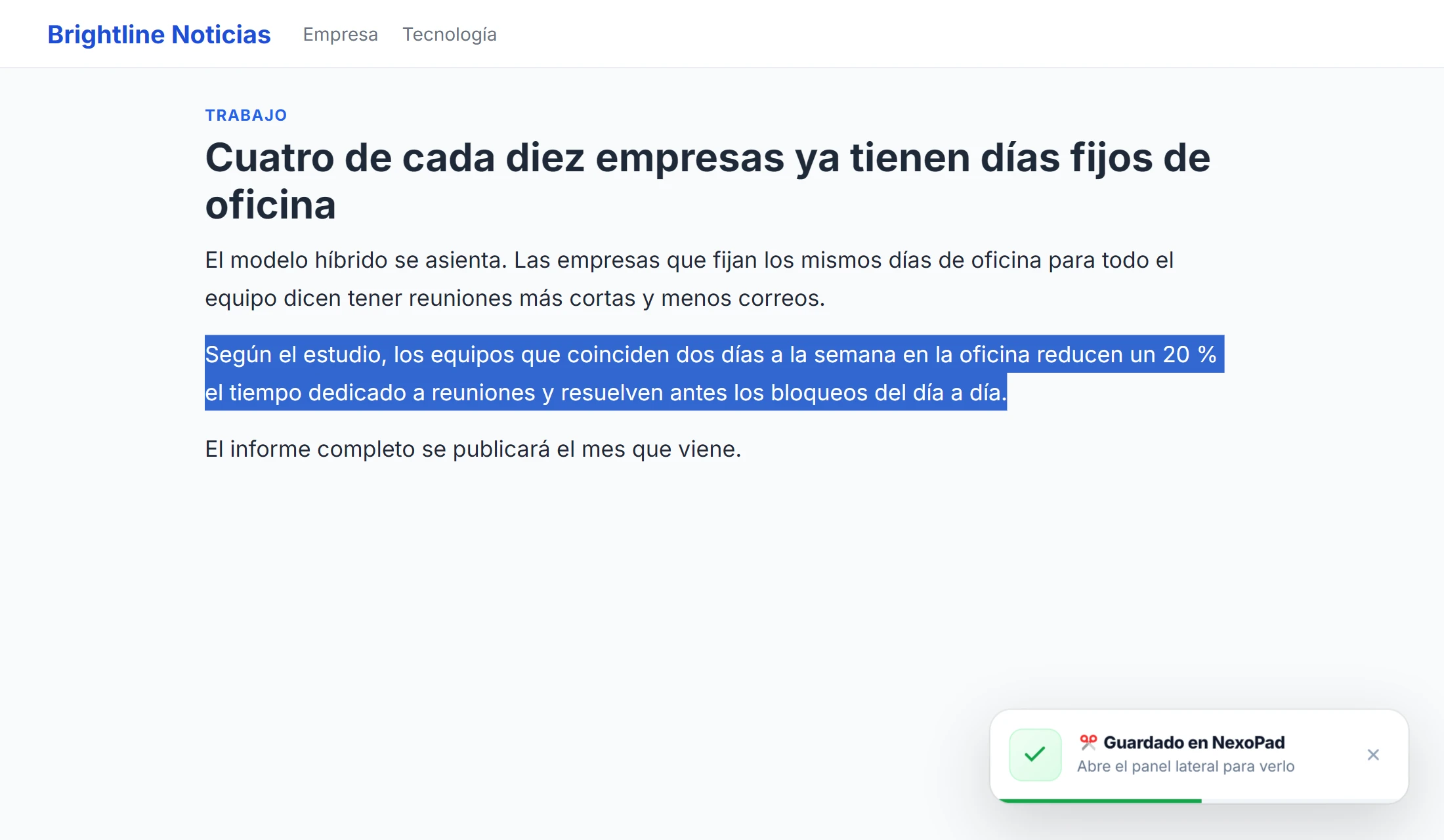 Página de noticias de Brightline Noticias con un párrafo seleccionado y el aviso Guardado en NexoPad