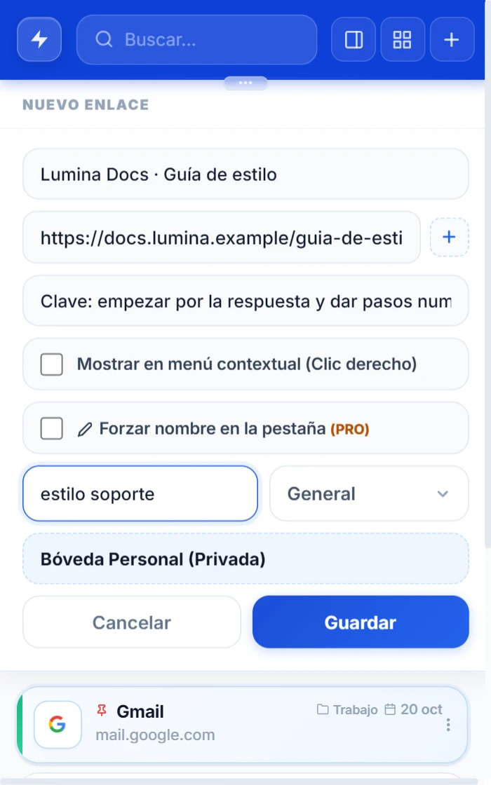 Formulario de nuevo enlace en el popup de NexoPad con nombre, URL, una nota y las etiquetas estilo y soporte