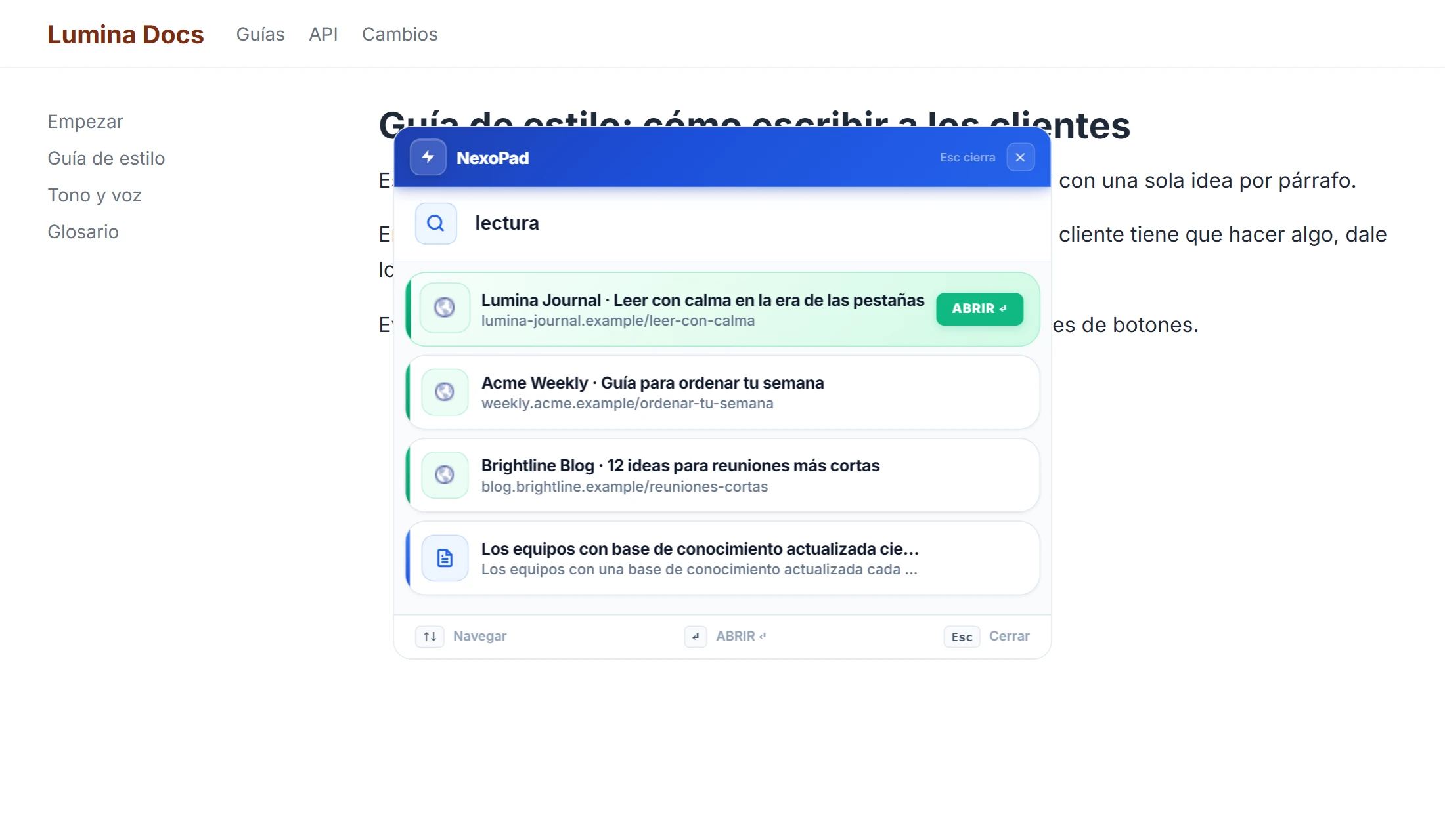 Buscador Ctrl+K de NexoPad sobre una página de documentación mostrando enlaces de Leer después al escribir lectura