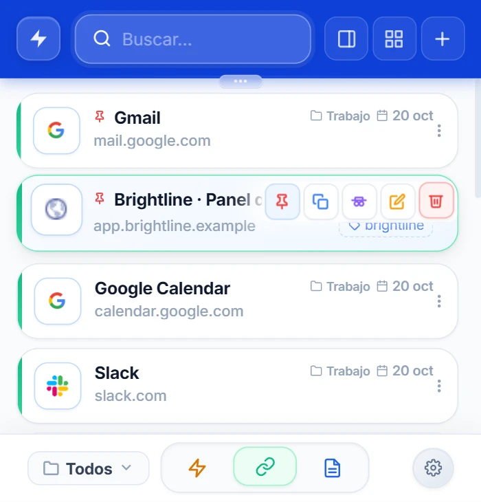 Popup de NexoPad con la lista de enlaces y los botones de fijar, copiar, incógnito, editar y borrar en una tarjeta