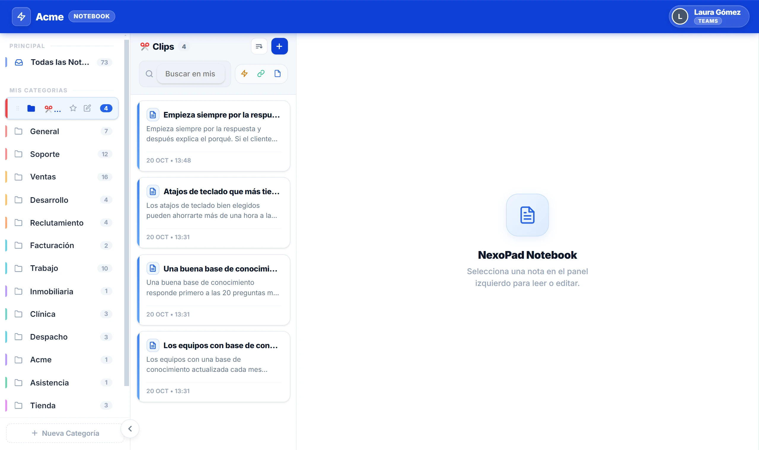 Notebook de NexoPad con la carpeta ✂️ Clips abierta y la lista de recortes guardados