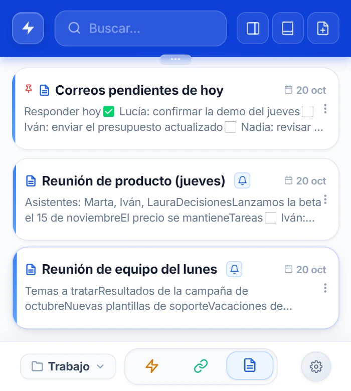 Popup de NexoPad con las notas filtradas por la carpeta Trabajo