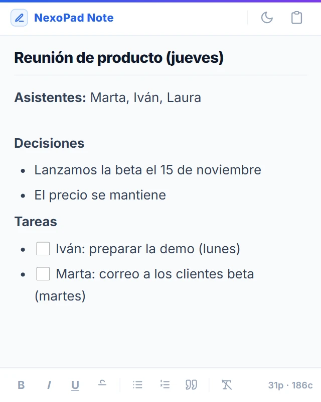 Nota «Reunión de producto (jueves)» abierta como Post-it flotante, con los asistentes y las decisiones