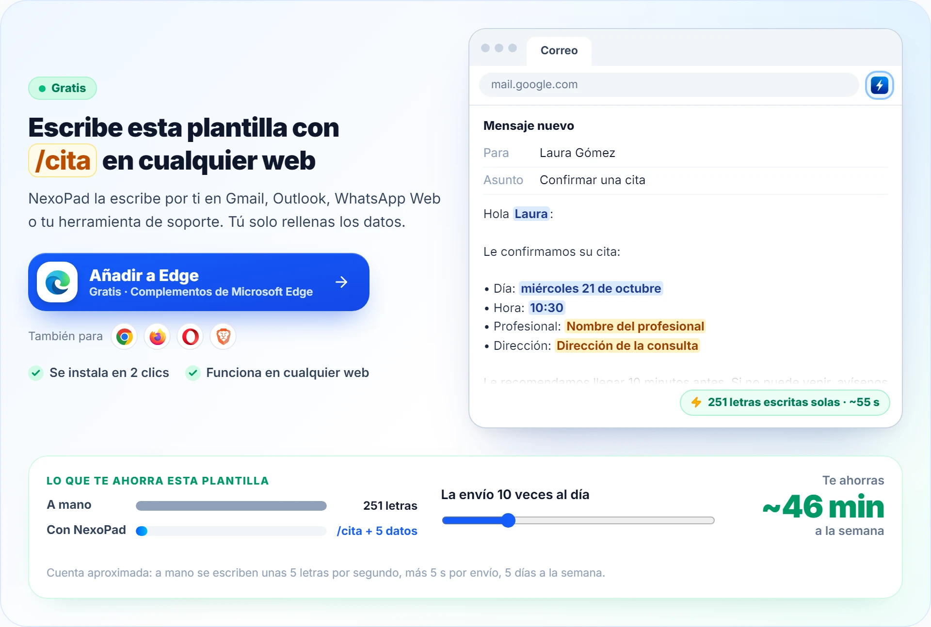 Página de una plantilla de nexopad.app abierta en Microsoft Edge, con el logotipo de Edge y el botón «Añadir a Edge · Gratis · Complementos de Microsoft Edge»