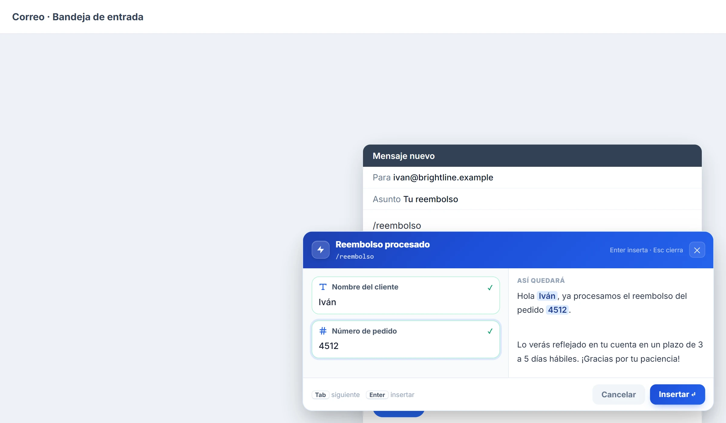 Ventana «Mensaje nuevo» con el atajo /reembolso escrito y, al lado, el formulario de variables de NexoPad con la vista previa de la respuesta de reembolso