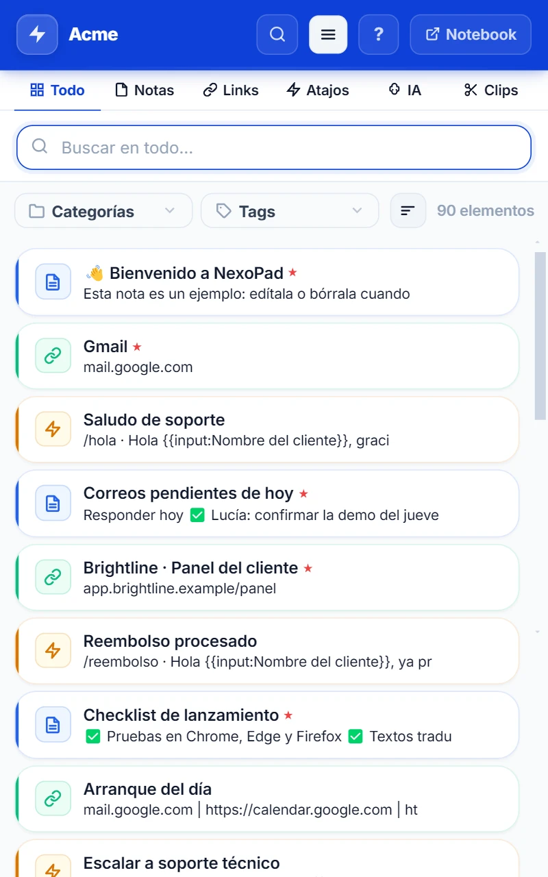 Panel lateral de NexoPad en la pestaña Todo, con notas, enlaces y atajos en la misma lista