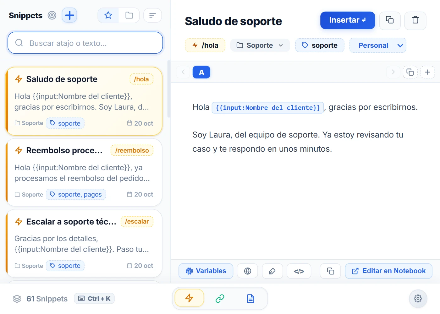 Popup de NexoPad en modo atajos con una lista de respuestas como /hola y /reembolso