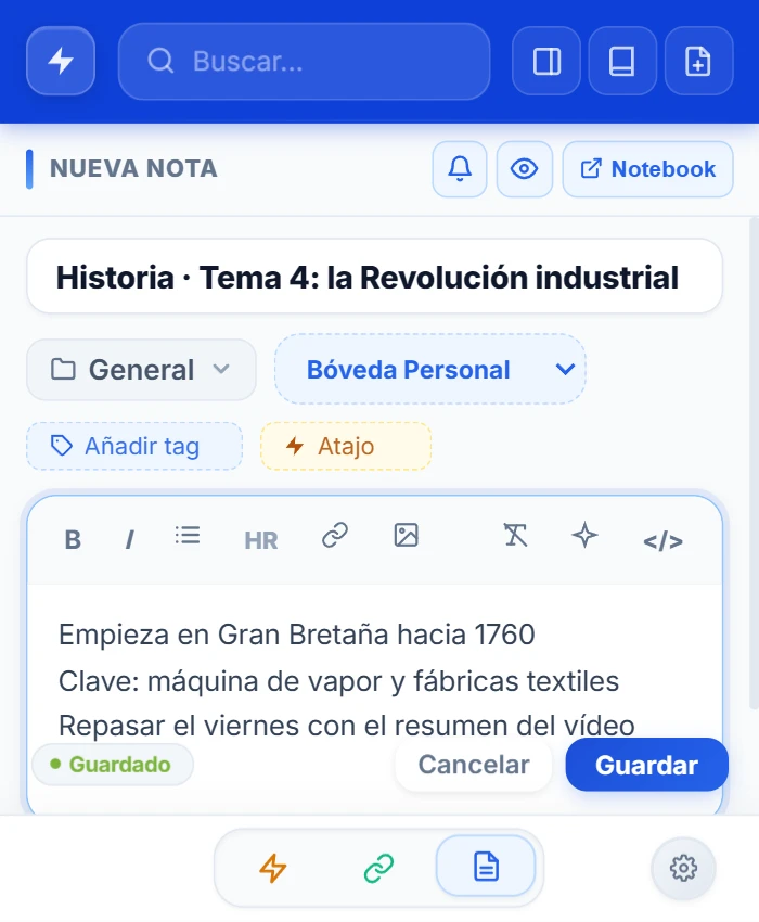 Popup de NexoPad con una nota nueva titulada «Historia · Tema 4: la Revolución industrial» y tres líneas de apuntes