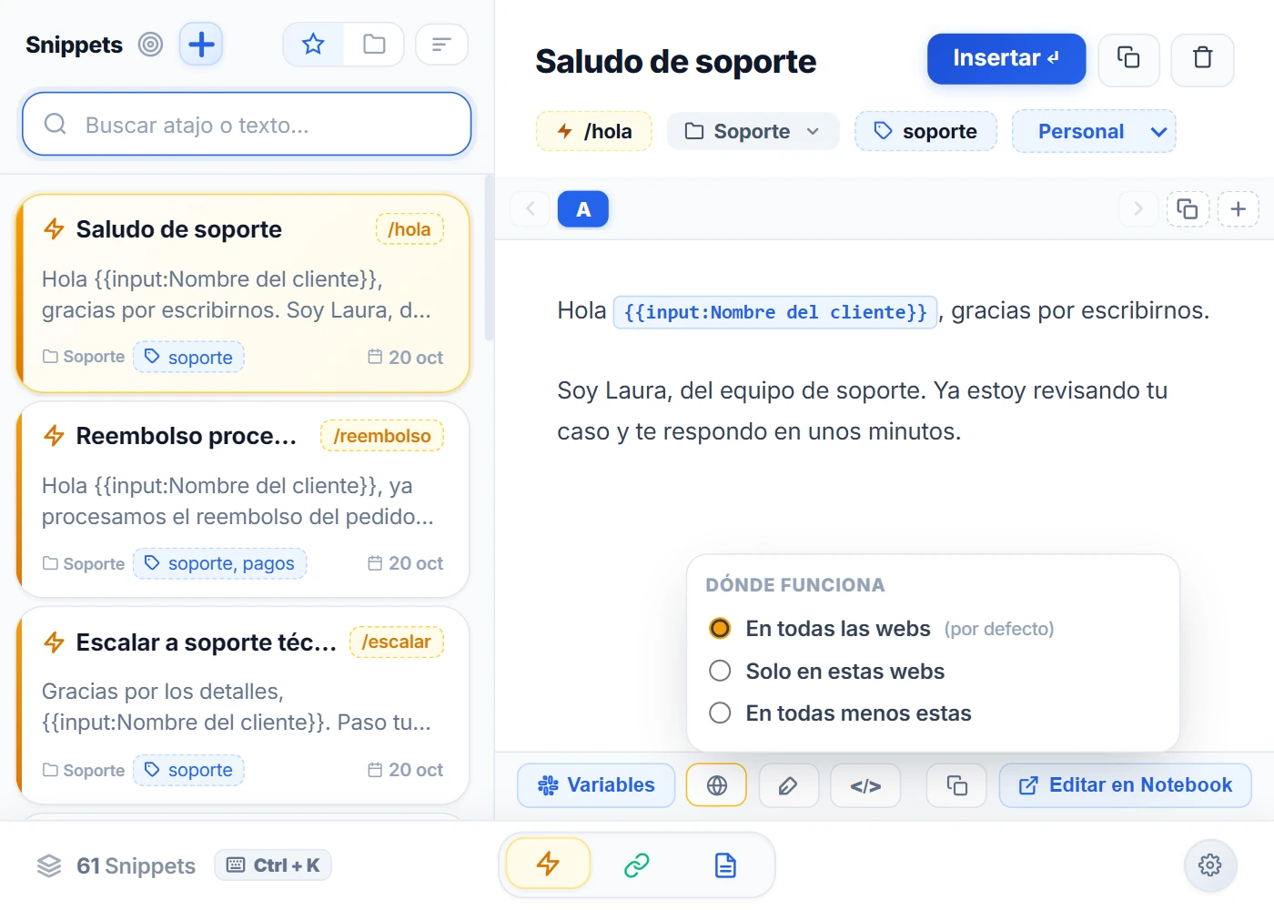 Editor de atajos del popup de NexoPad con el atajo /hola abierto y el menú «Dónde funciona» desplegado: En todas las webs (por defecto), Solo en estas webs y En todas menos estas