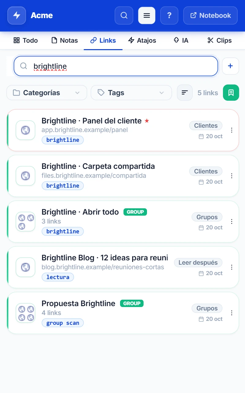Pestaña Links del panel lateral de NexoPad con la búsqueda «brightline»: enlaces del cliente Brightline con la tag brightline y el grupo «Brightline · Abrir todo» con 3 enlaces