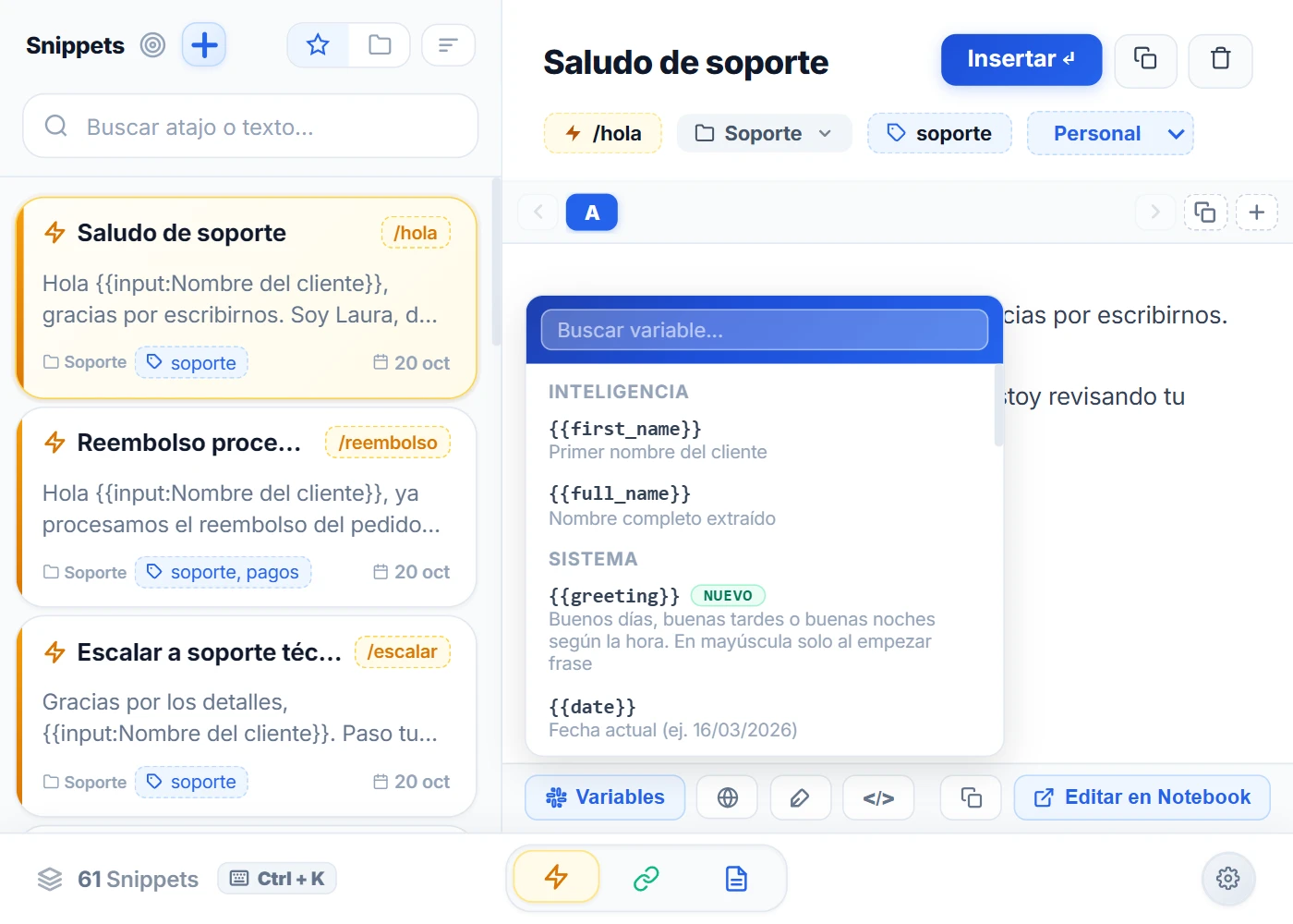 Editor de atajos de NexoPad con el menú Variables abierto: {{first_name}}, {{full_name}}, {{greeting}} con la etiqueta NUEVO y {{date}}